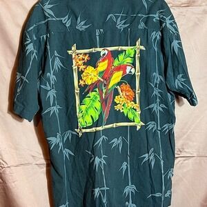 Koko Island Men Black Bamboo Parrot Print Aloha Hawaiian Shirt L Luau Resortwear